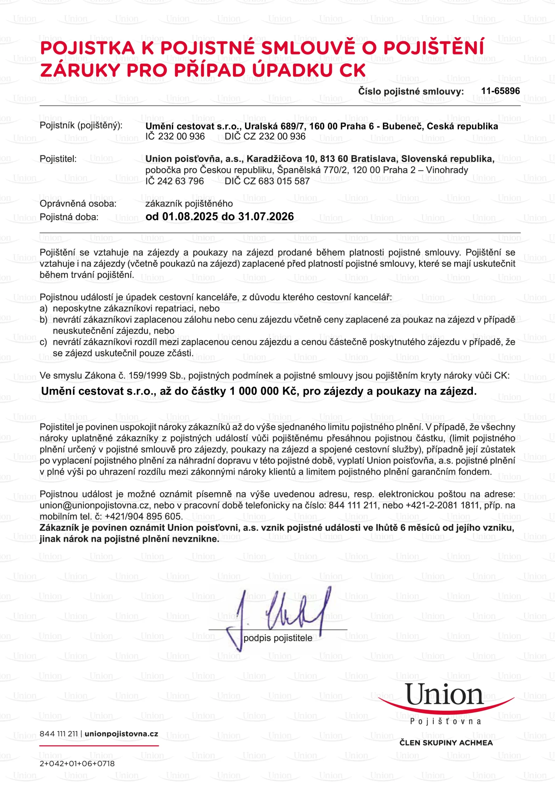 Doklad o pojištění CK proti úpadku